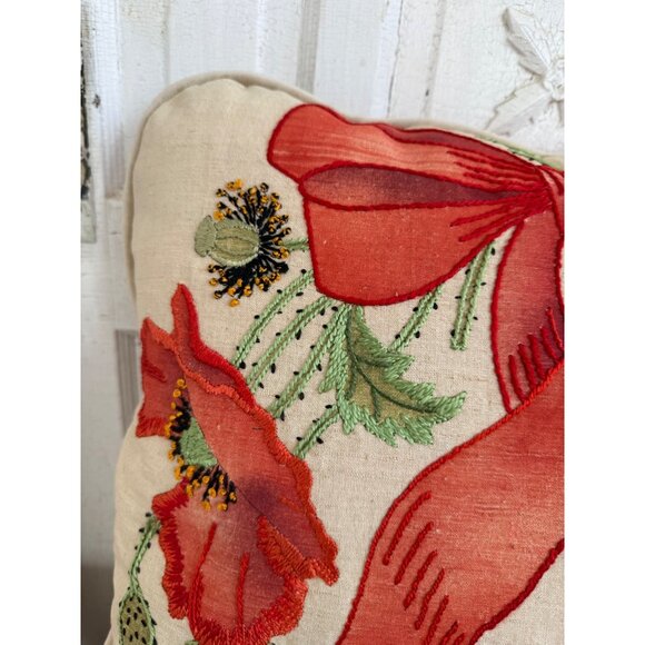 Vintage MCM Accent Pillow Linen Embroidered Red Poppy Flowers Bow 17x17" - Picture 4 of 11
